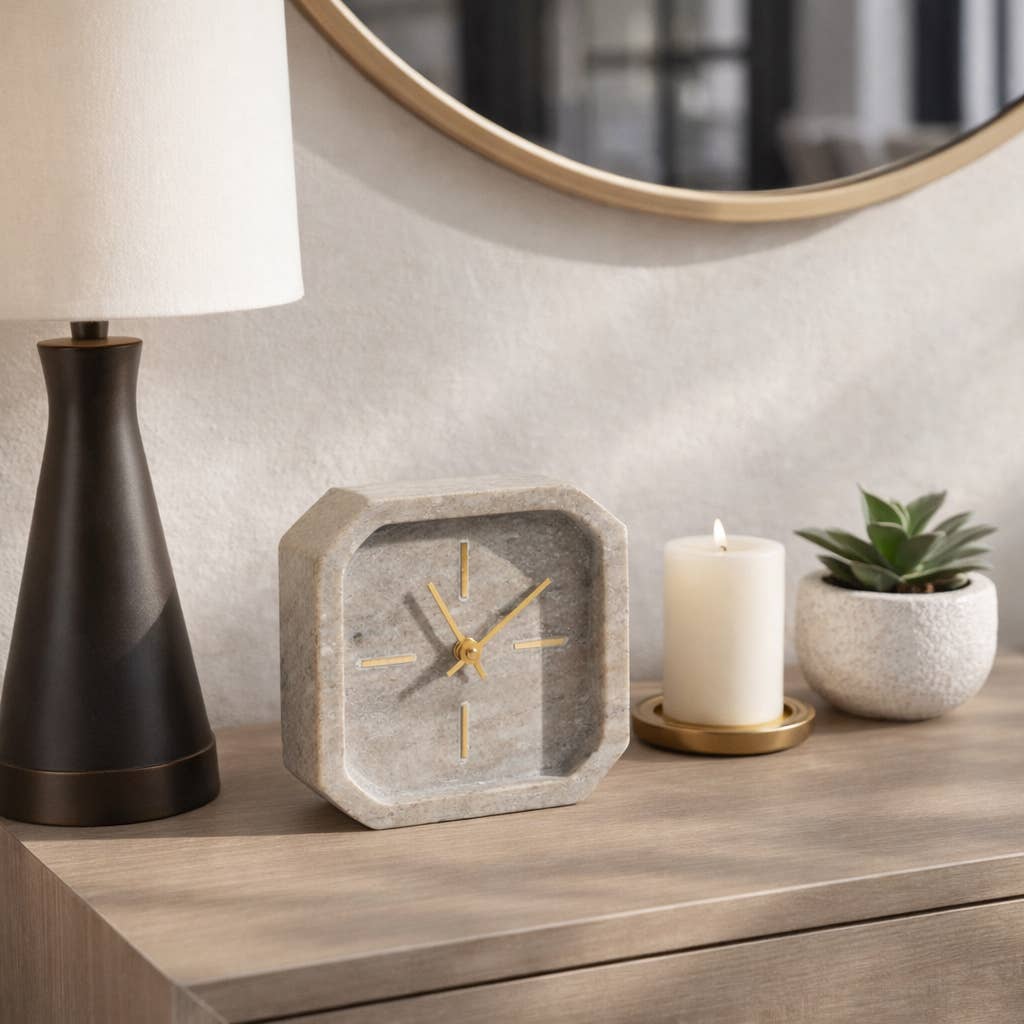 Brown/Gold 6 in. Modern Marble Octagon Table Clock