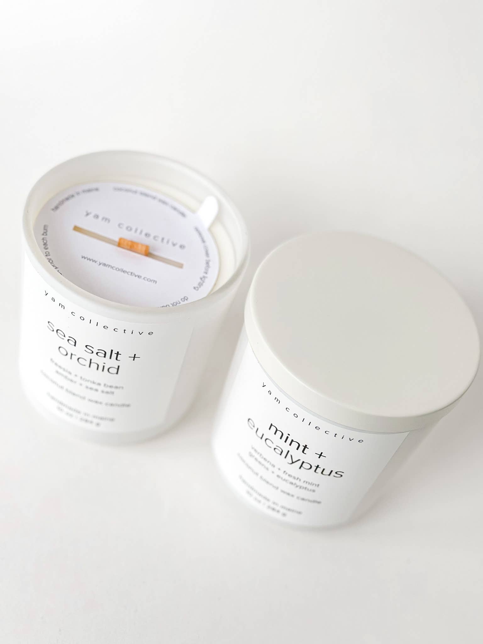 Sand - 10 oz Amber + Teakwood Matte White Glass Candle: Dust Cover