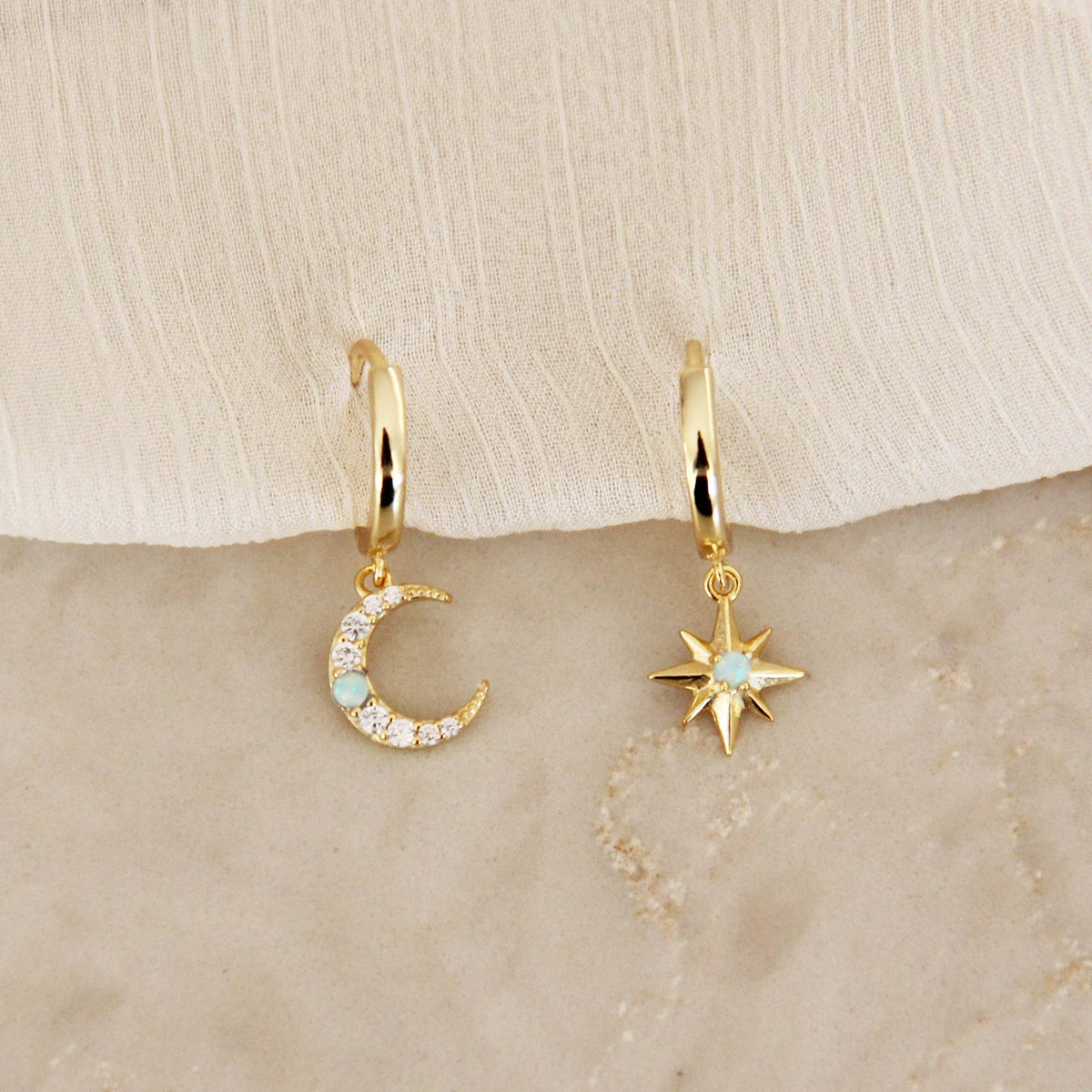 Opal Moon and Star Hoops: Gold