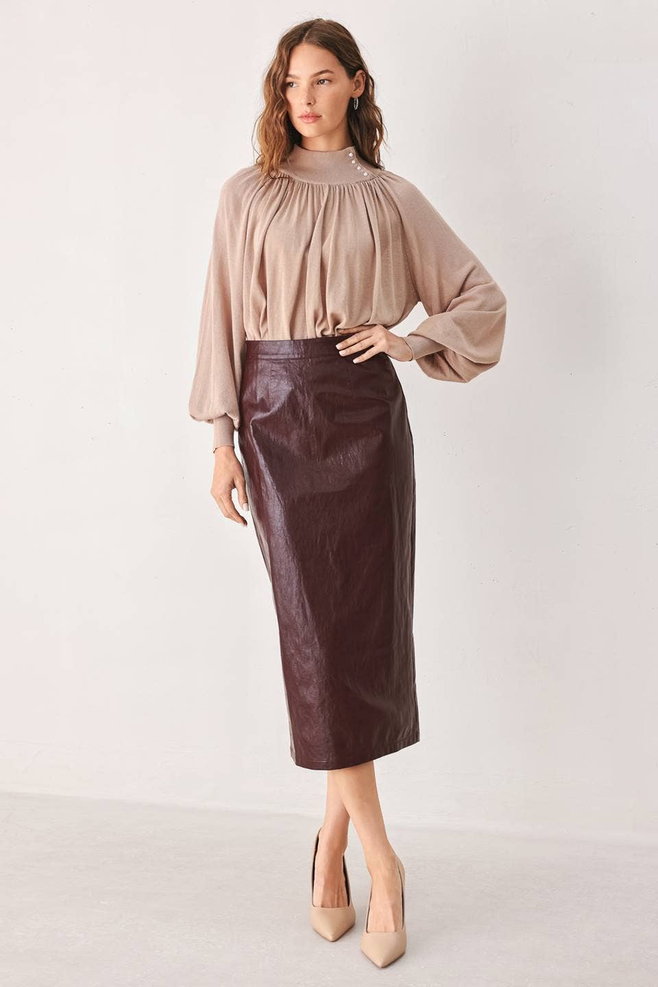 *PREORDER* FLYING TOMATO Burgandy Faux Leather Pencil Skirt