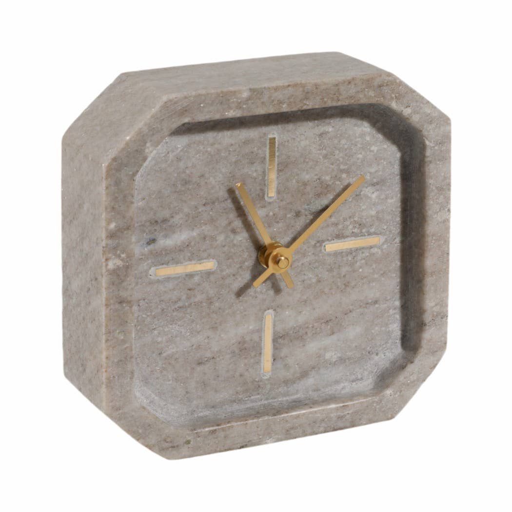Brown/Gold 6 in. Modern Marble Octagon Table Clock