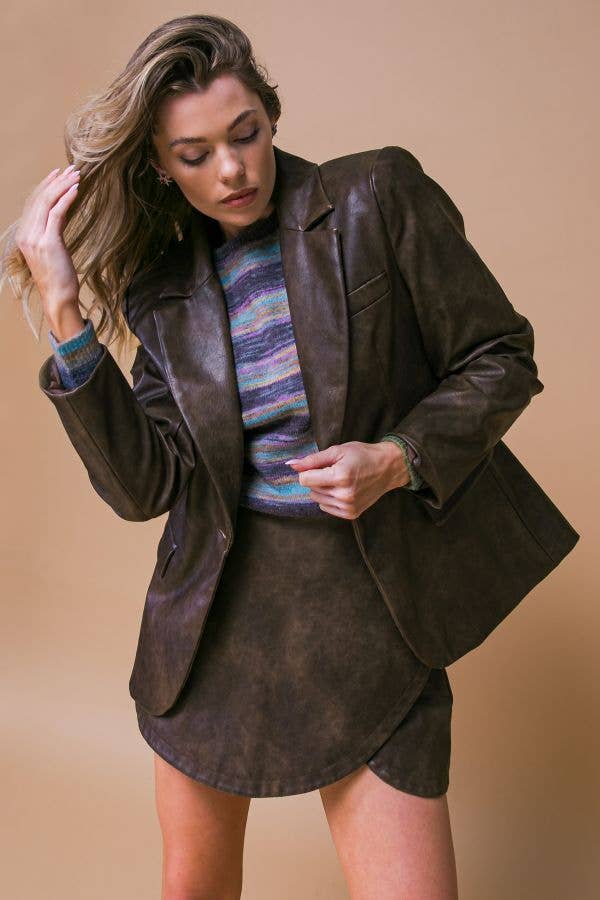 *PREORDER* FLYING TOMATO Brown Washed Faux Leather Blazer