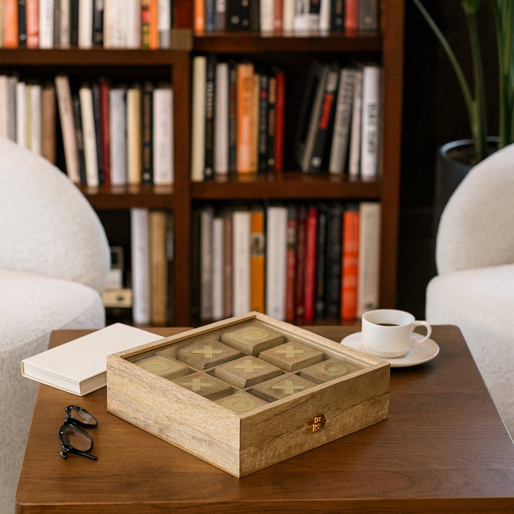 Tic-Tac-Toe Game Set - Brown Wood/Glass Square