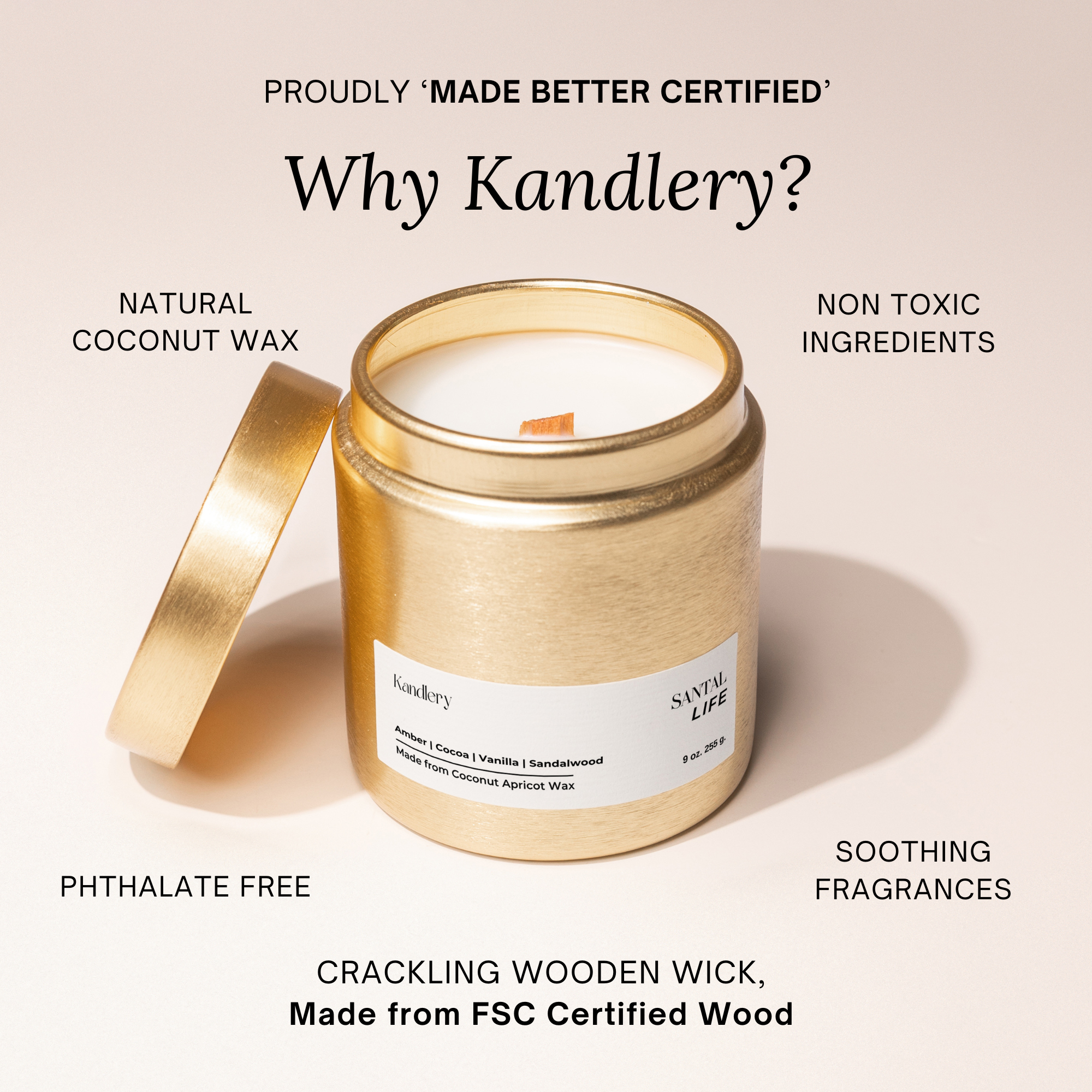 White Label Candle | 9 oz Gold Jar Eco Luxury | Coconut Wax: *Best Seller* Santal Life / Wood Wick