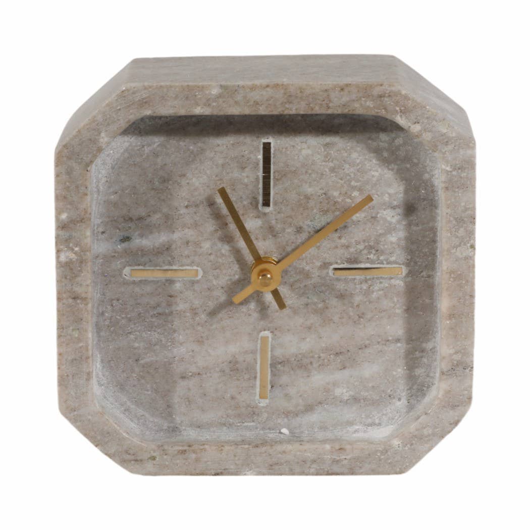 Brown/Gold 6 in. Modern Marble Octagon Table Clock