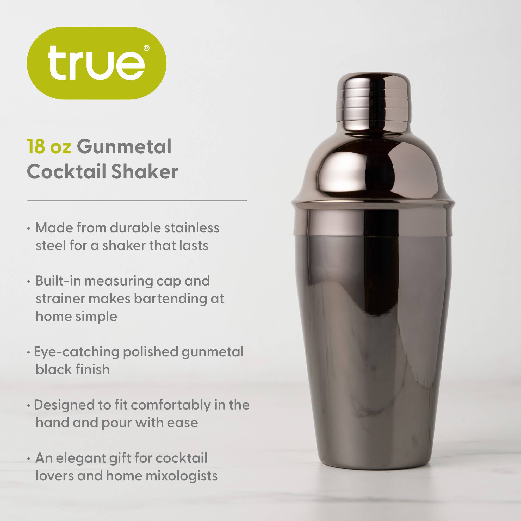 TRUE Contour™ Gunmetal Cocktail Shaker - 18oz - Polished or Matte: Matte