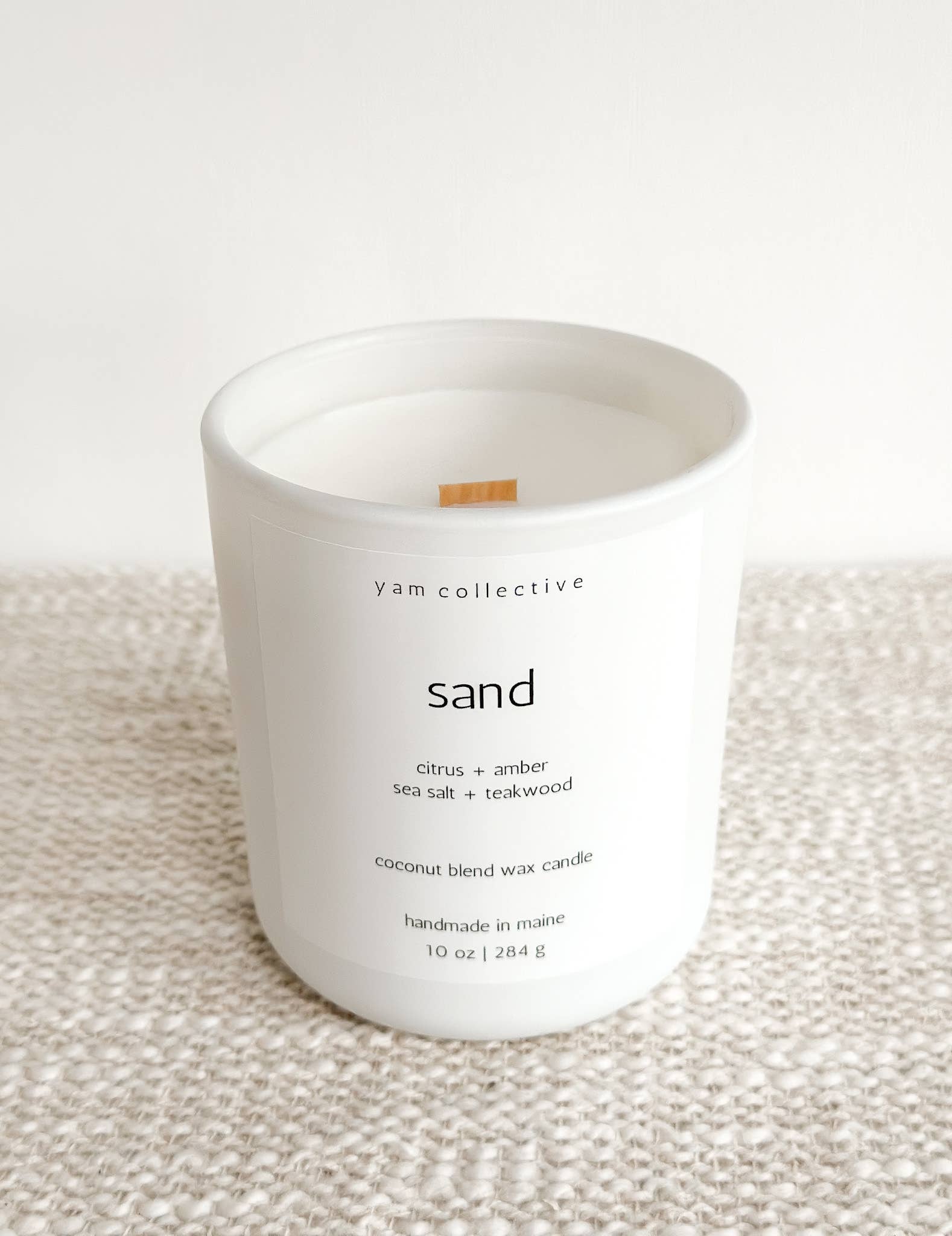 Sand - 10 oz Amber + Teakwood Matte White Glass Candle: Dust Cover