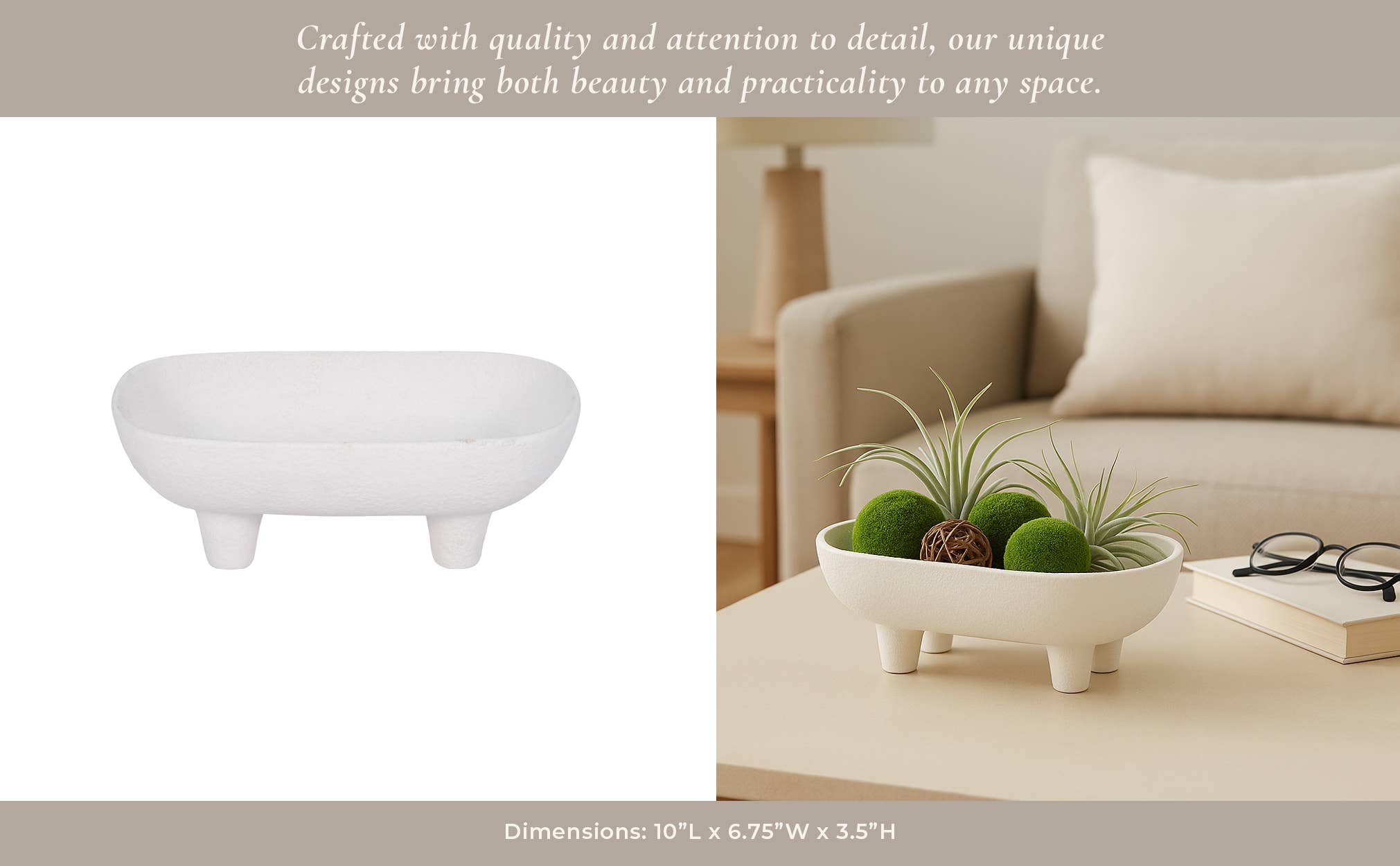 Decorative Bowl - White Ceramic Rounded Rectangle, 10 in.