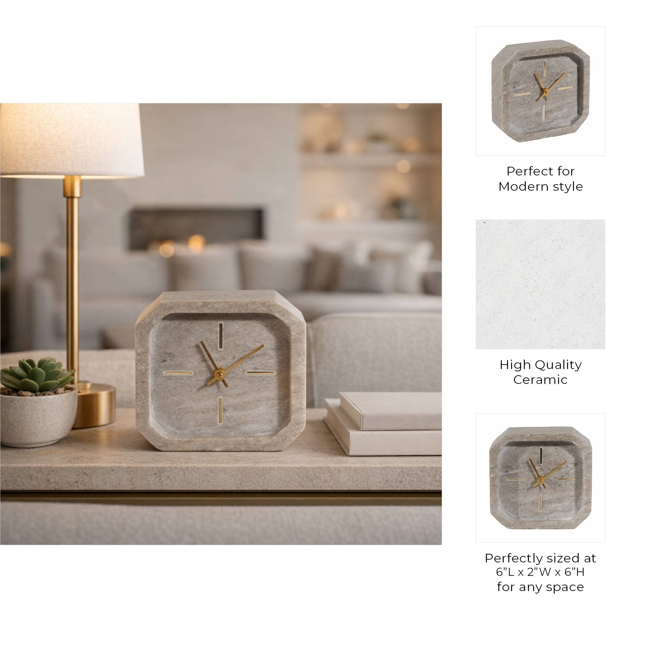 Brown/Gold 6 in. Modern Marble Octagon Table Clock