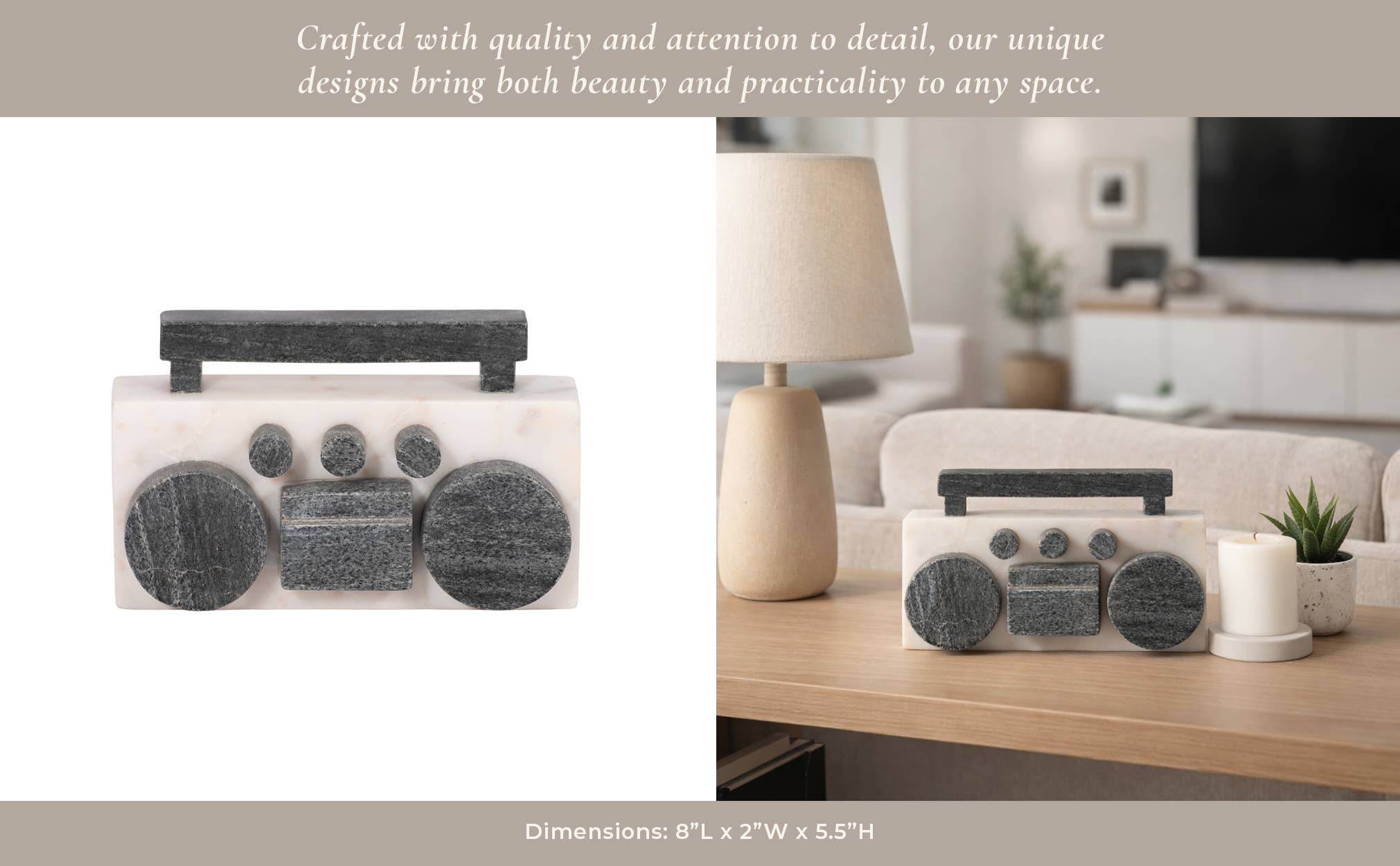Decorative Figurine - White/Black Marble Boombox, 5 in.