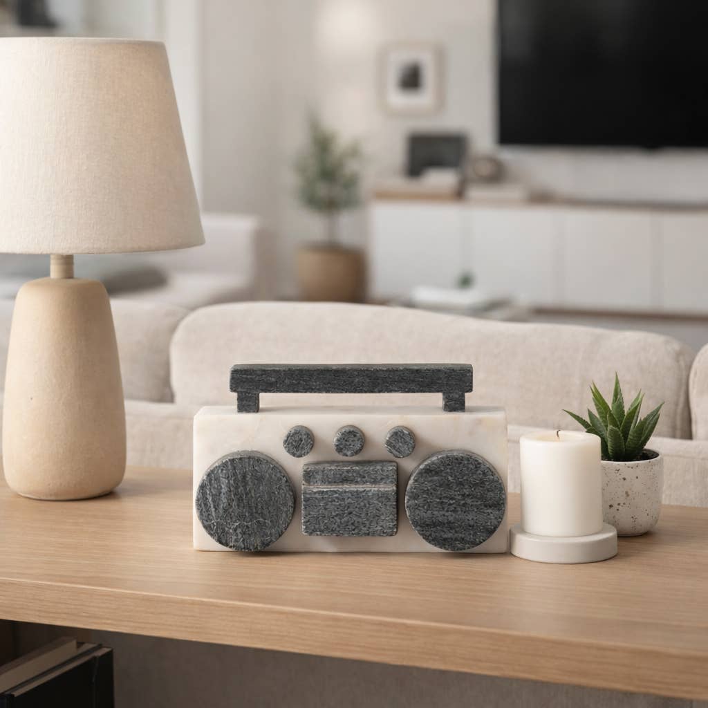 Decorative Figurine - White/Black Marble Boombox, 5 in.