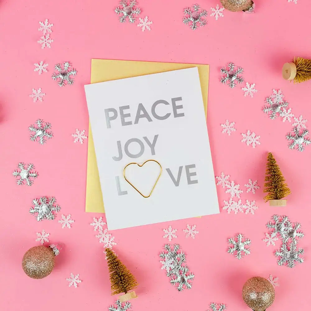 CHEZ GAGNE Peace Joy Love Letterpress Card with Heart Paper Clip