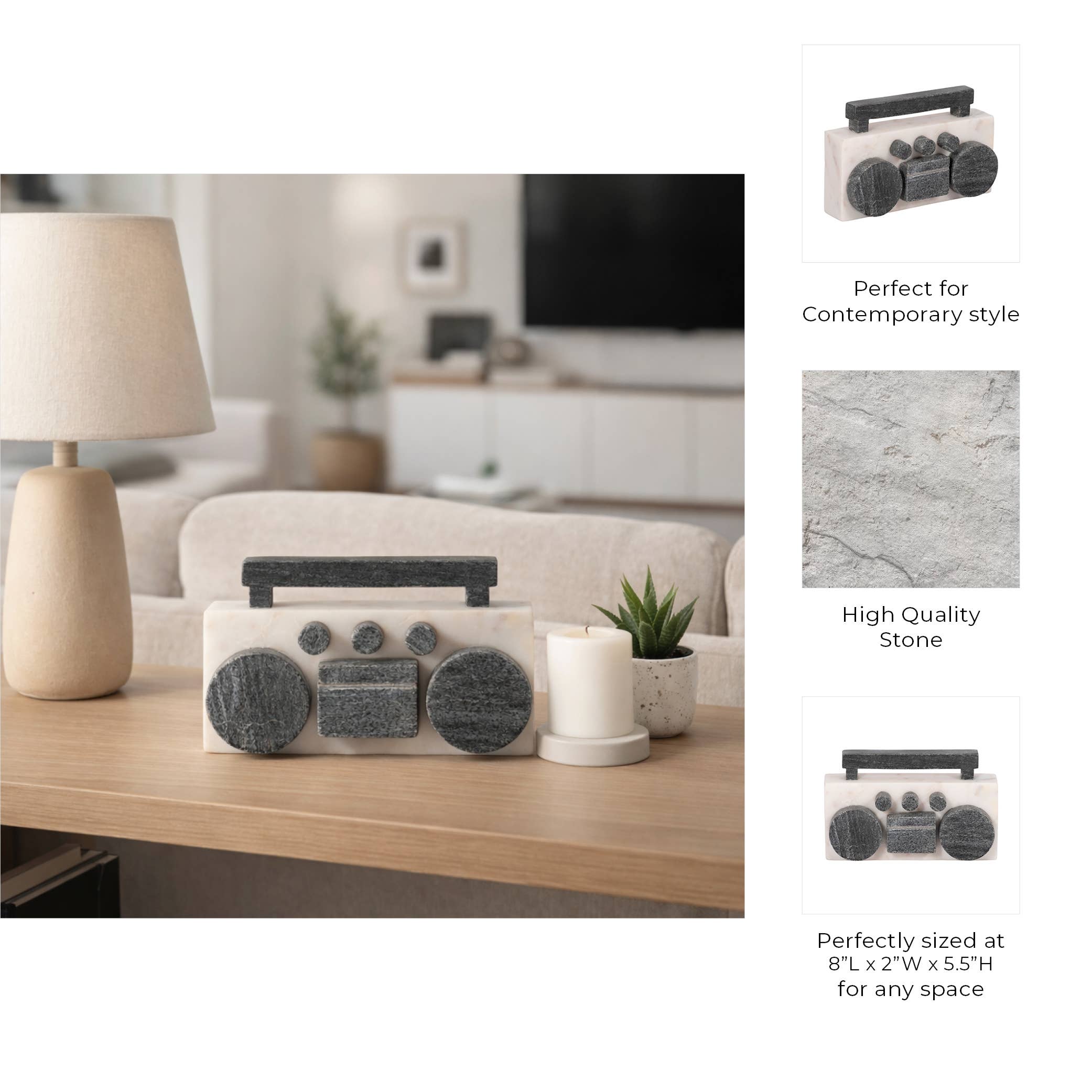 Decorative Figurine - White/Black Marble Boombox, 5 in.