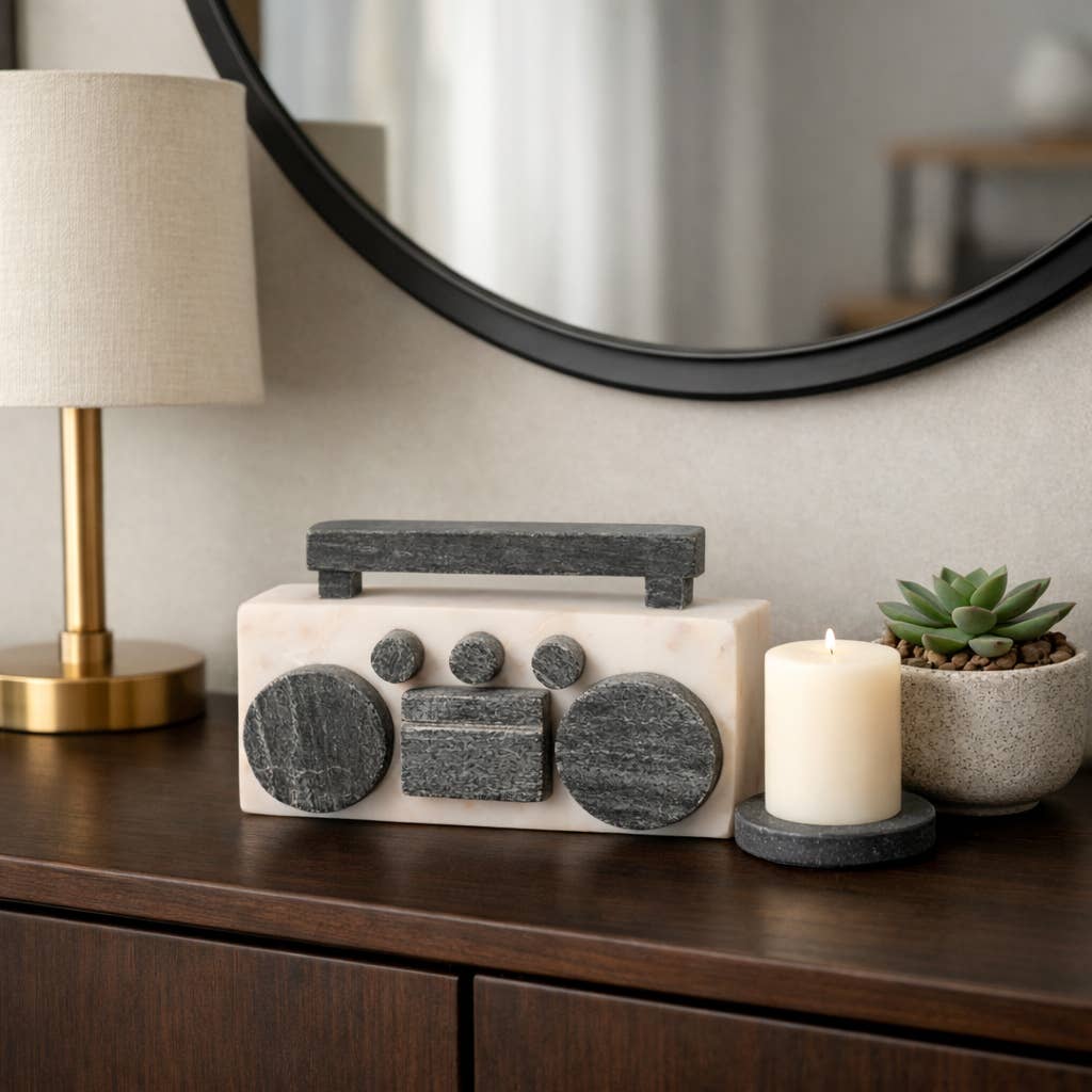 Decorative Figurine - White/Black Marble Boombox, 5 in.