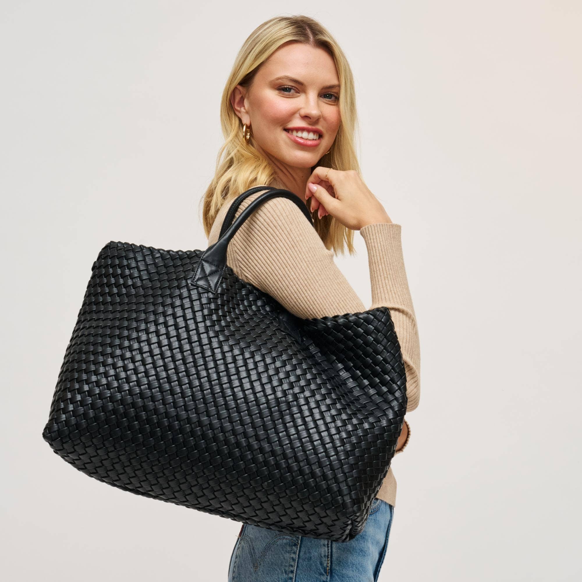 Ithaca Woven Vegan Leather Tote: Black
