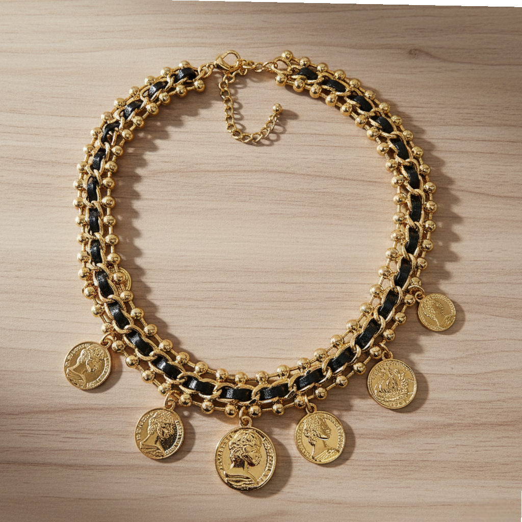 Vintage Gold Coin Charms on Black Leather & Chain Necklace