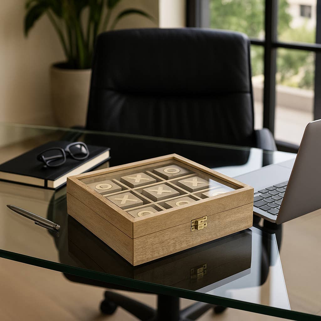 Tic-Tac-Toe Game Set - Brown Wood/Glass Square