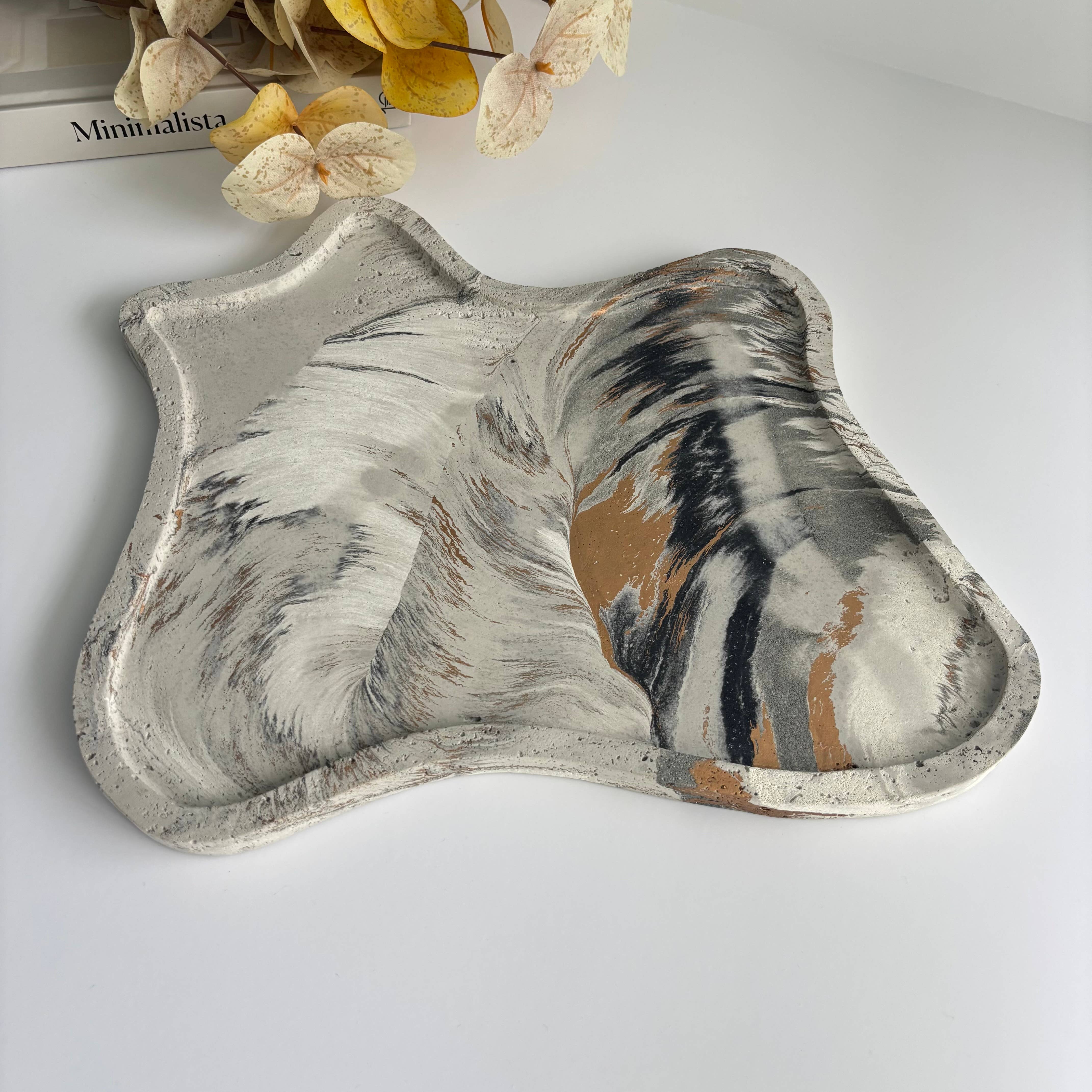 Nyx- Organic Concrete Tray | Centerpiece | Decorative Tray: Black Fusion Marble