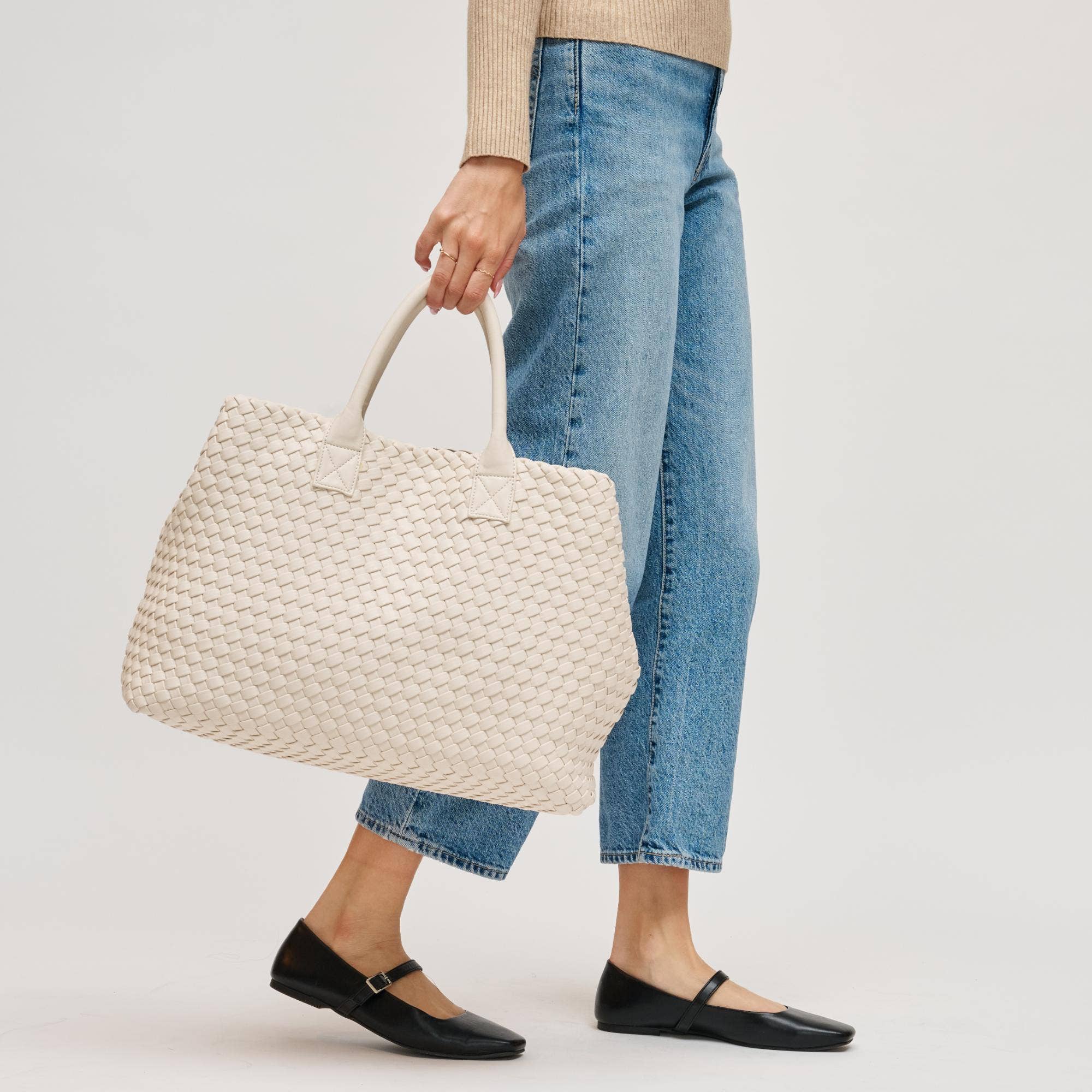 Ithaca Woven Vegan Leather Tote: Black
