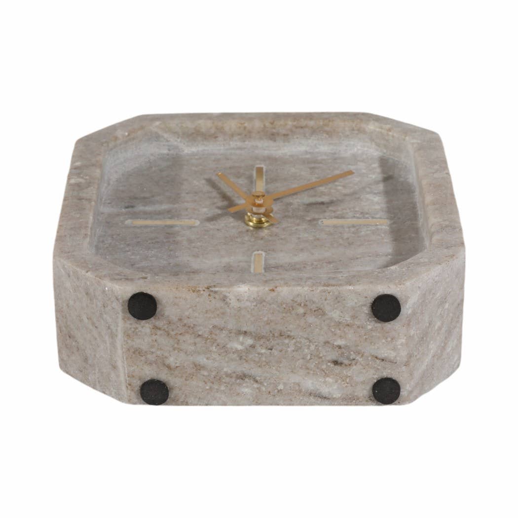 Brown/Gold 6 in. Modern Marble Octagon Table Clock