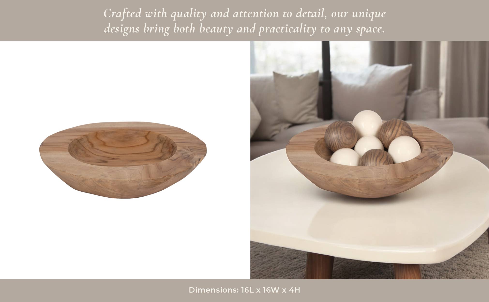 Decorative Bowl - Brown Teak Wood Round Organic, 16 in.