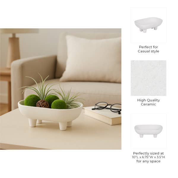 Decorative Bowl - White Ceramic Rounded Rectangle, 10 in.