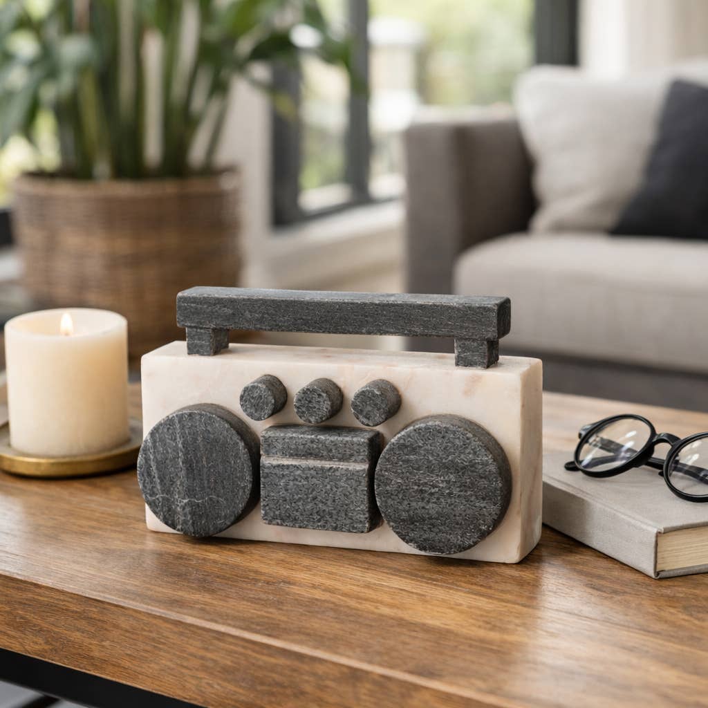 Decorative Figurine - White/Black Marble Boombox, 5 in.