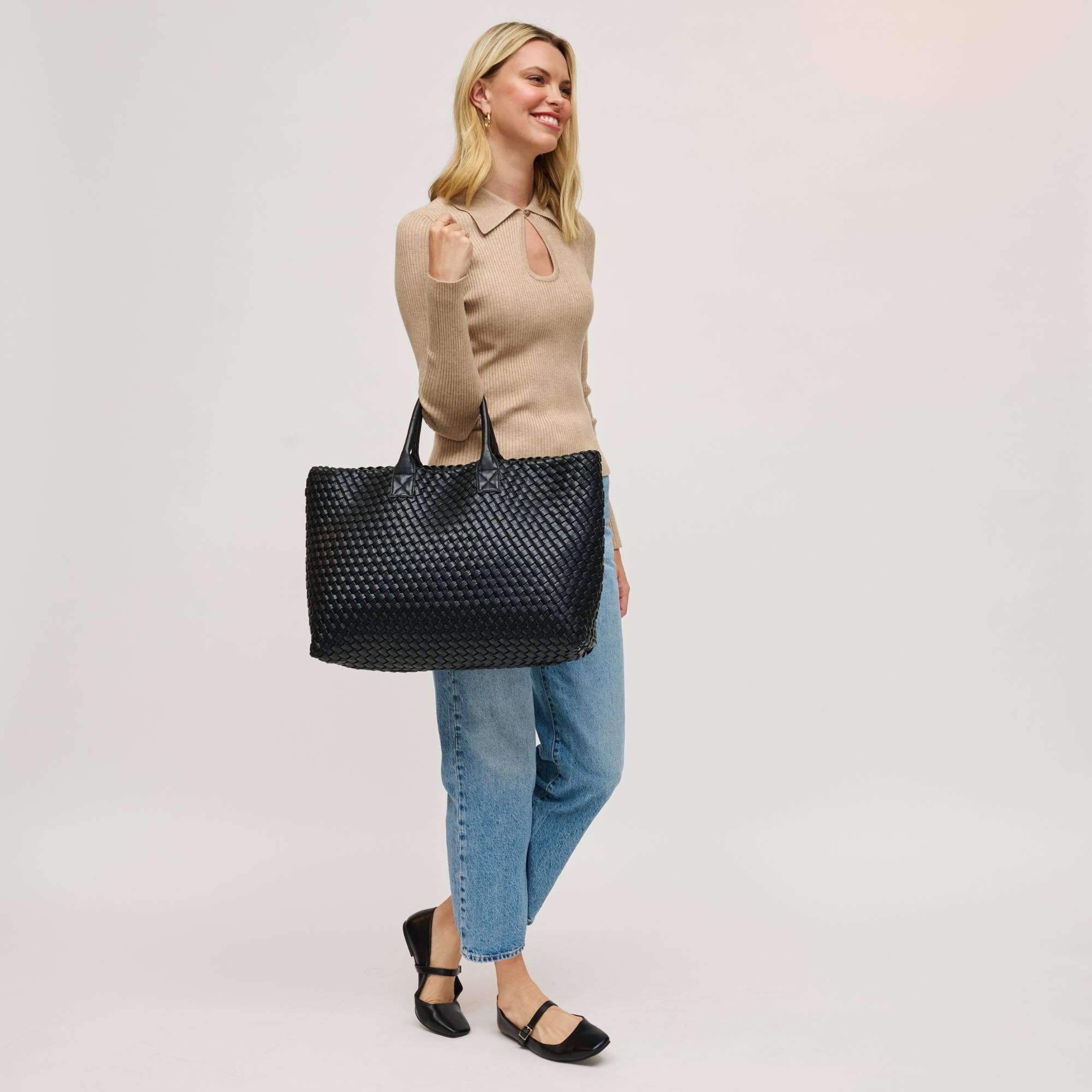 Ithaca Woven Vegan Leather Tote: Black